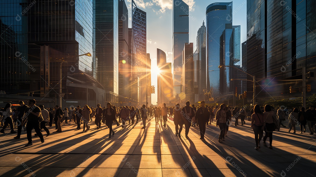 Multidão de pessoas andando em ruas movimentadas, movendo-se rapidamente pelo centro da cidade