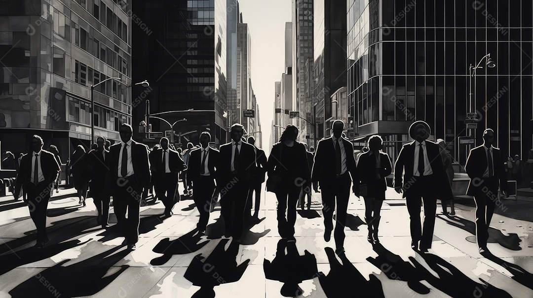 Multidão de pessoas andando em ruas movimentadas, movendo-se rapidamente pelo centro da cidade