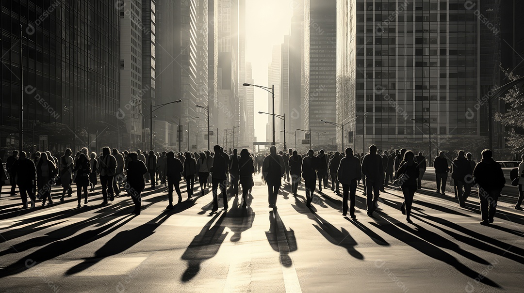 Multidão de pessoas andando em ruas movimentadas, movendo-se rapidamente pelo centro da cidade