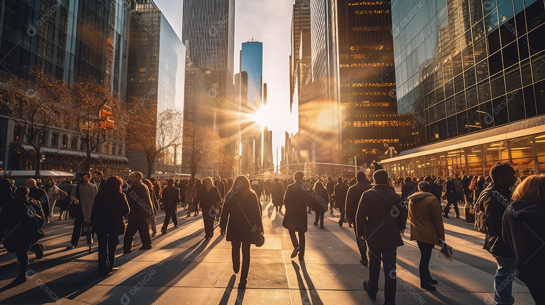 Multidão de pessoas andando em ruas movimentadas, movendo-se rapidamente pelo centro da cidade