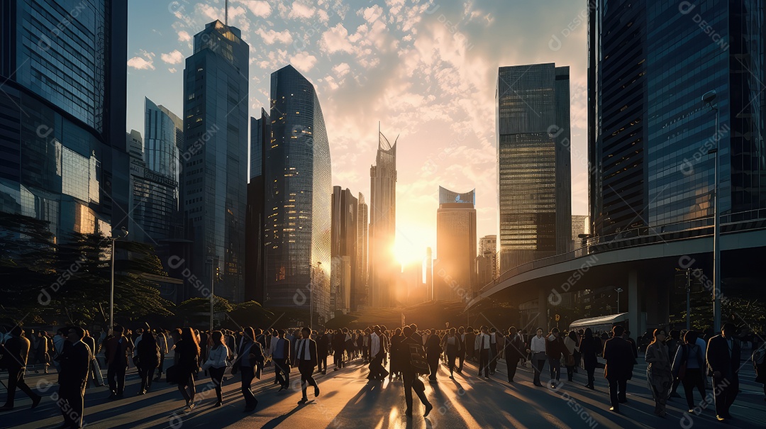 Multidão de pessoas andando em ruas movimentadas, movendo-se rapidamente pelo centro da cidade