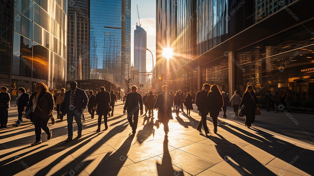 Multidão de pessoas andando em ruas movimentadas, movendo-se rapidamente pelo centro da cidade