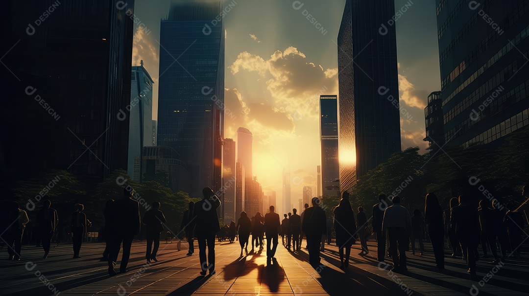 Multidão de pessoas andando em ruas movimentadas, movendo-se rapidamente pelo centro da cidade