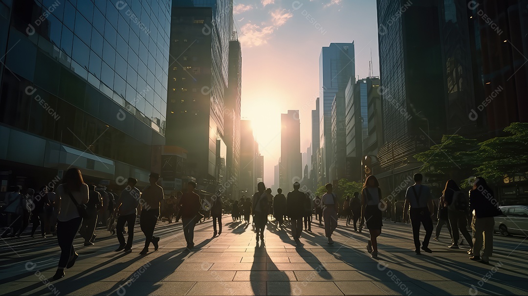 Multidão de pessoas andando em ruas movimentadas, movendo-se rapidamente pelo centro da cidade