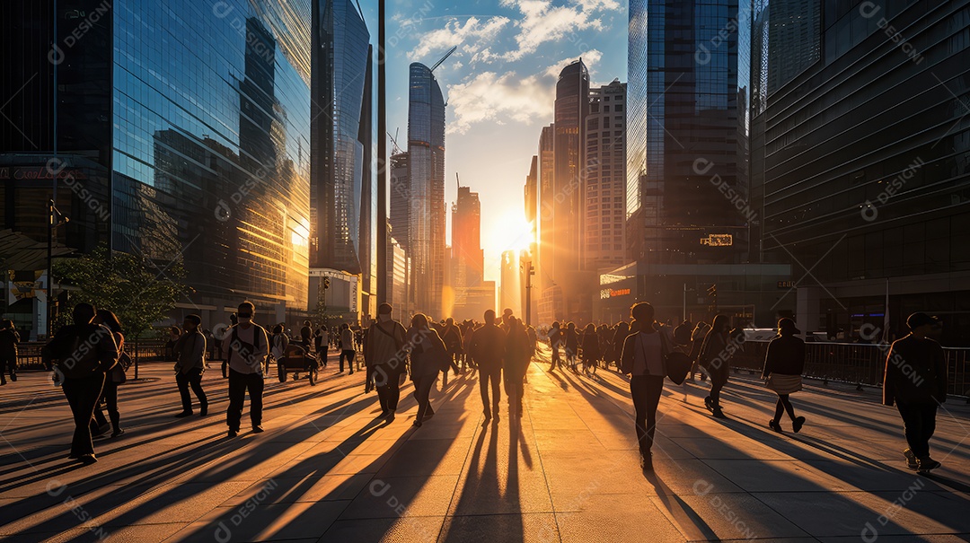 Multidão de pessoas andando em ruas movimentadas, movendo-se rapidamente pelo centro da cidade