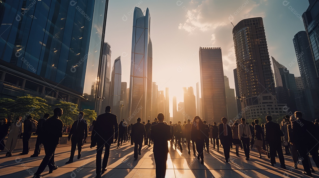 Multidão de pessoas andando em ruas movimentadas, movendo-se rapidamente pelo centro da cidade