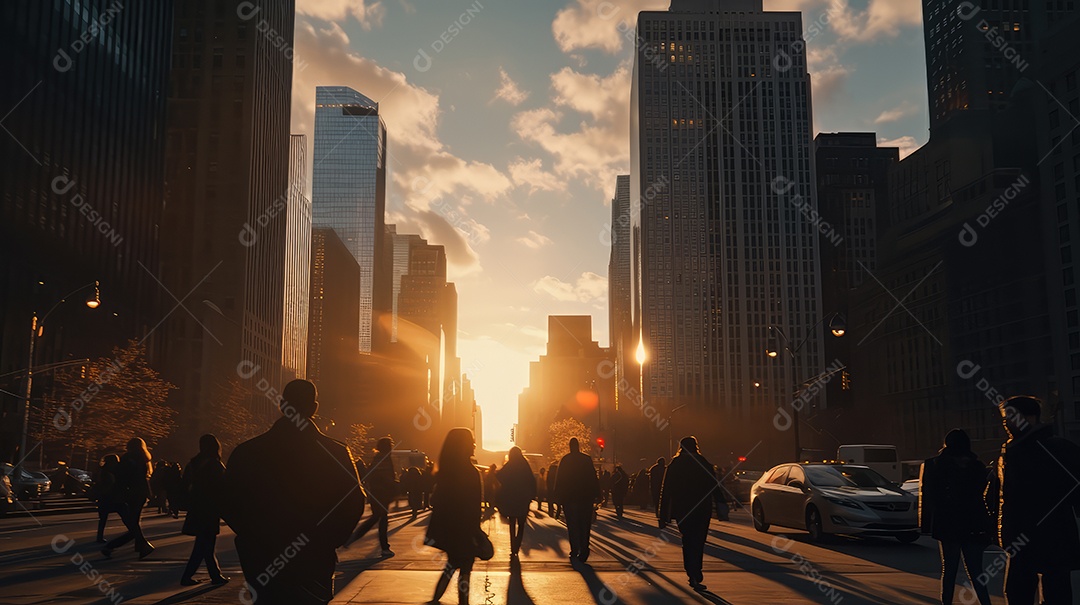 Multidão de pessoas andando em ruas movimentadas, movendo-se rapidamente pelo centro da cidade