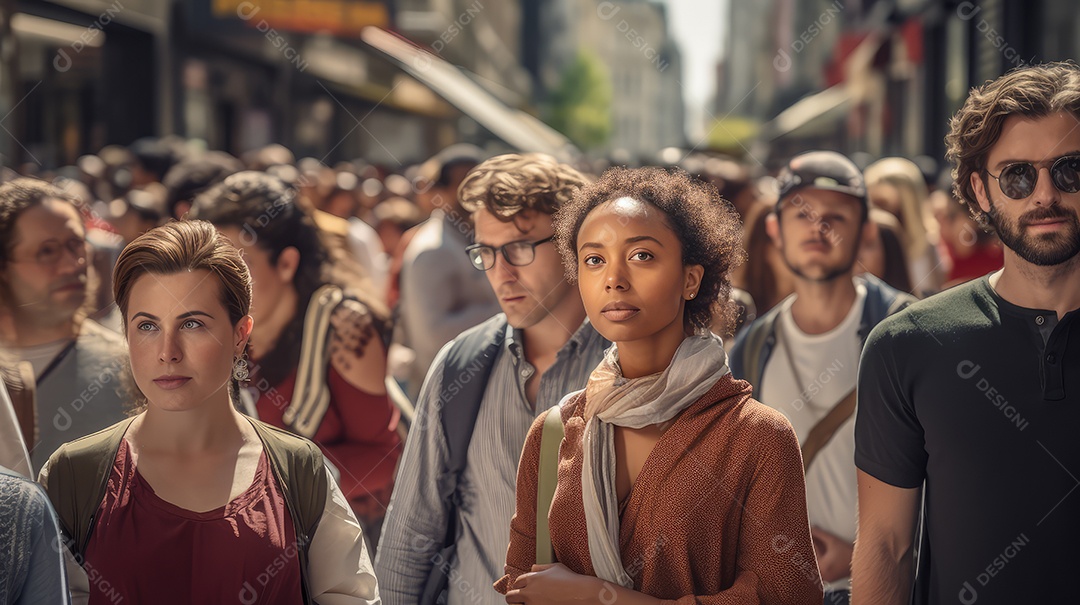 Jovem andando em rua movimentada no centro da cidade