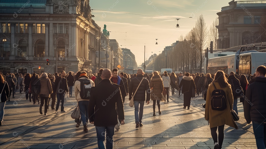 Jovem andando em rua movimentada no centro da cidade