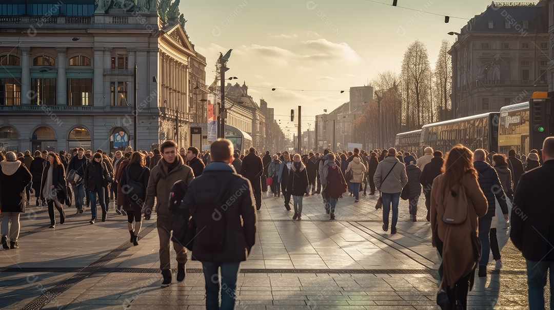 Jovem andando em rua movimentada no centro da cidade