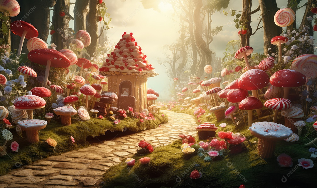 Floresta encantada de doces e árvores de contos de fadas e vegetação de doces, pirulitos e biscoitos