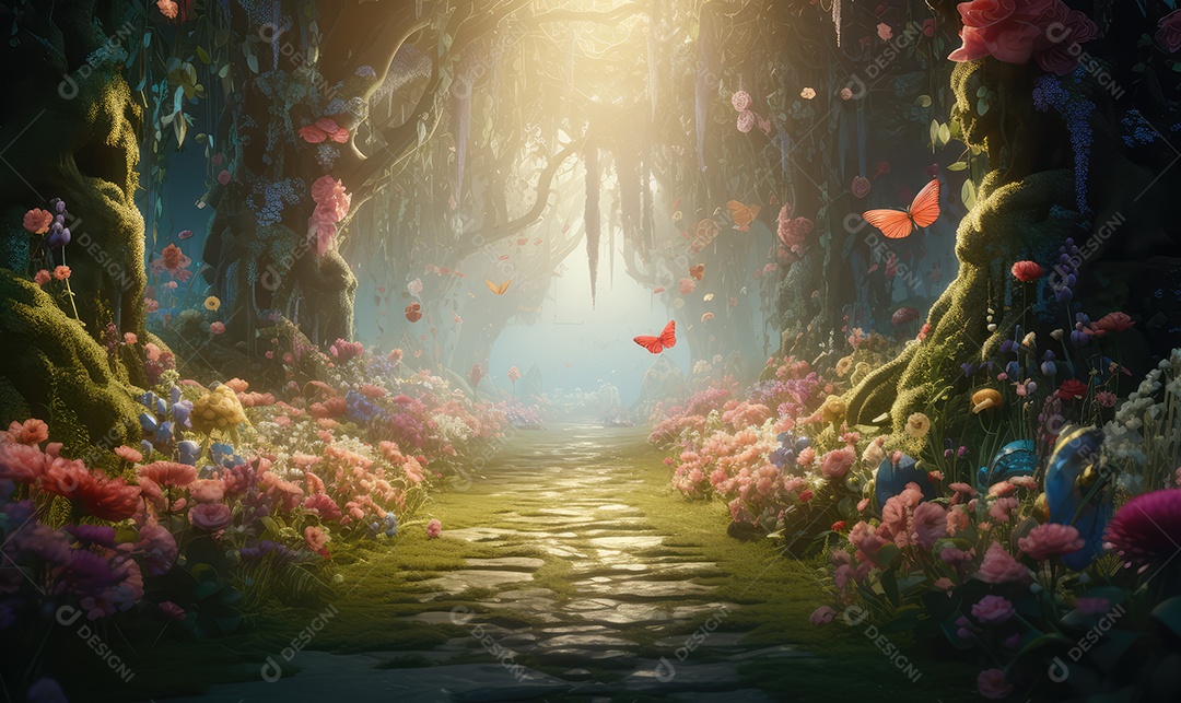 Floresta encantada de doces e árvores de contos de fadas e vegetação de doces, pirulitos e biscoitos