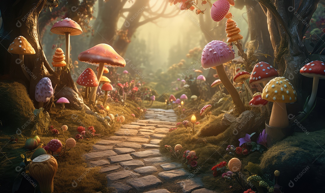 Floresta encantada de doces e árvores de contos de fadas e vegetação de doces, pirulitos e biscoitos