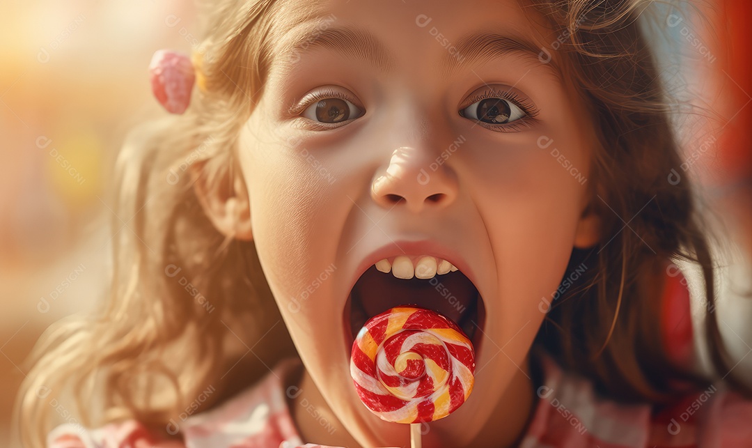 Crianças felizes entre doces, balas, biscoitos, chocolates, pirulitos, com energia e sorriso