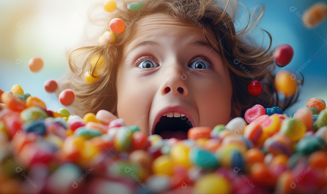 Crianças felizes entre doces, balas, biscoitos, chocolates, pirulitos, com energia e sorriso