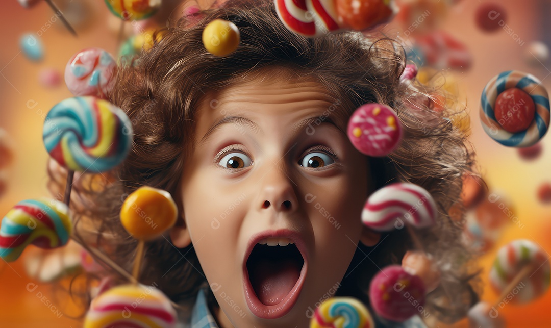Crianças felizes entre doces, balas, biscoitos, chocolates, pirulitos, com energia e sorriso