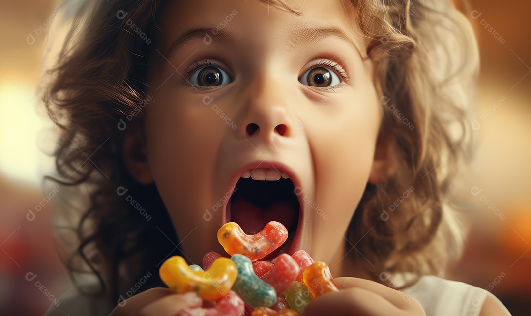 Crianças felizes entre doces, balas, biscoitos, chocolates, pirulitos, com energia e sorriso