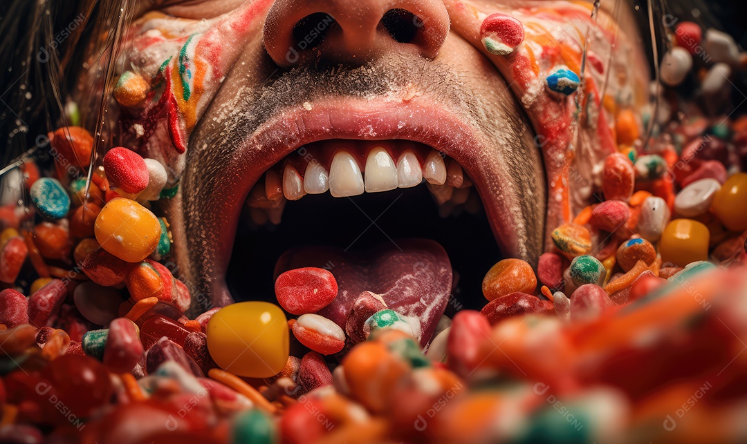 Homem de boca aberta no meio de doces e balas com gula descontrolada