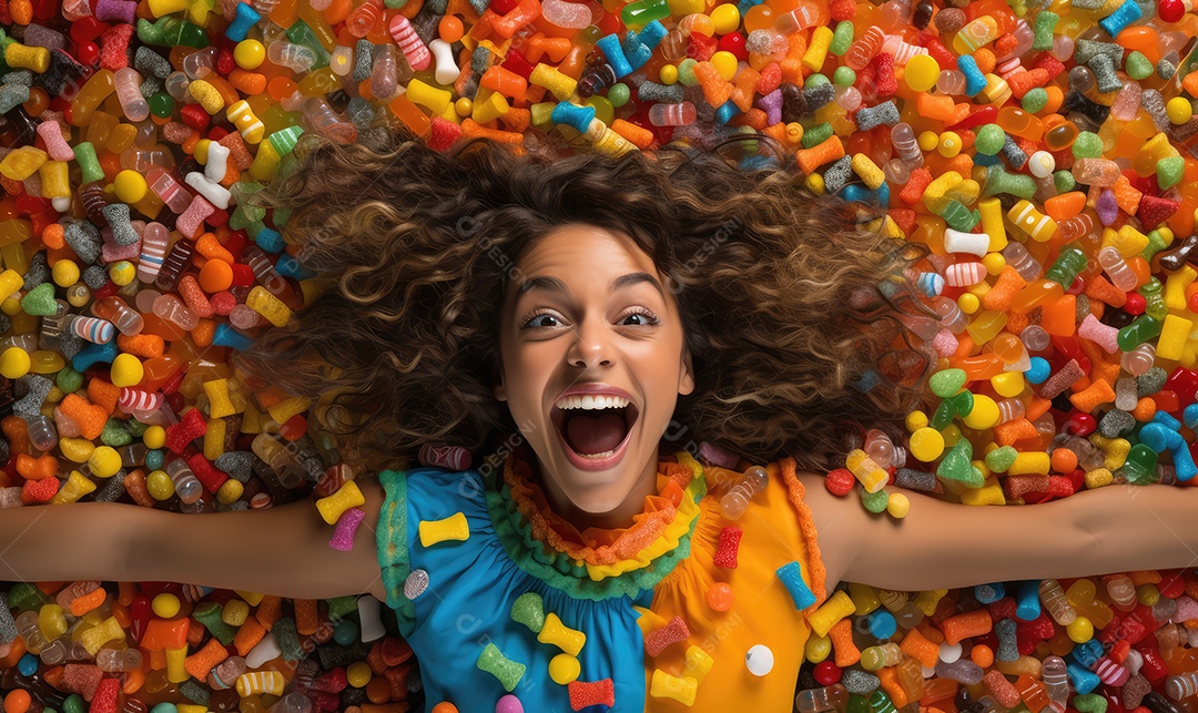 Mulher alegre no meio de doces, balas, biscoitos, chocolates, pirulitos, com energia