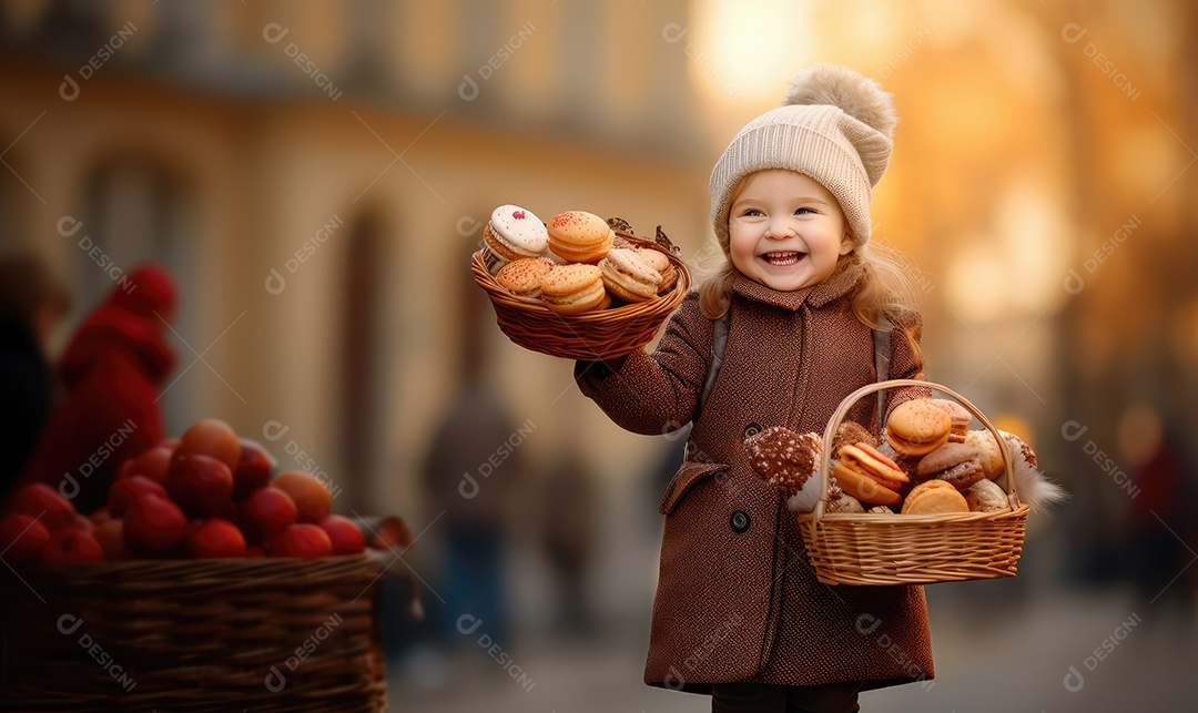 Criança sorridente feliz segurando uma deliciosa cesta de pães doces