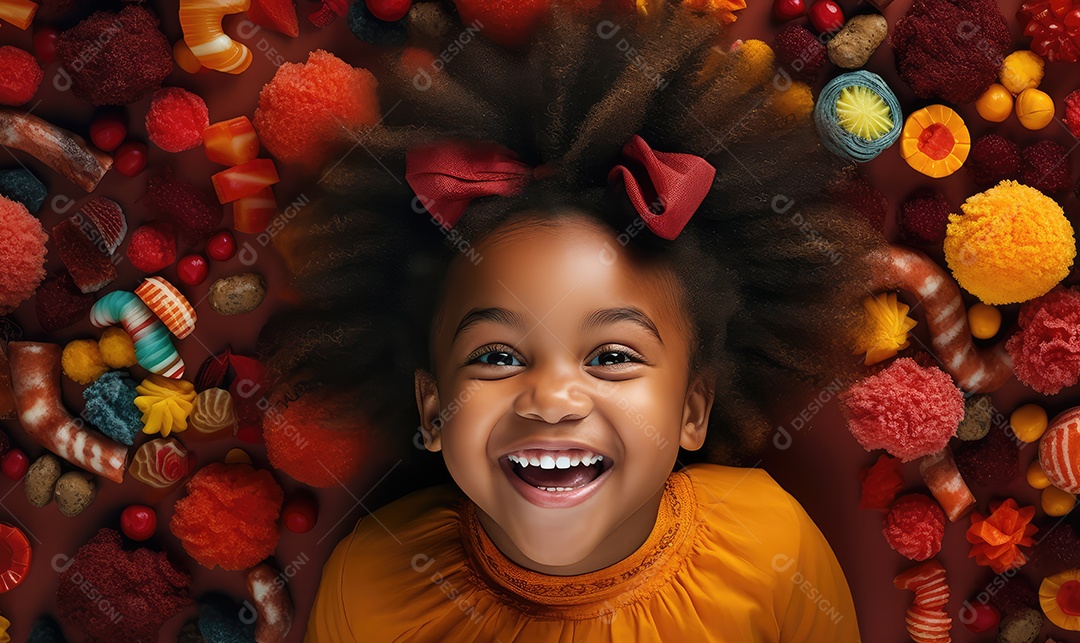 Crianças felizes entre doces, balas, biscoitos, chocolates, pirulitos, com energia e sorriso