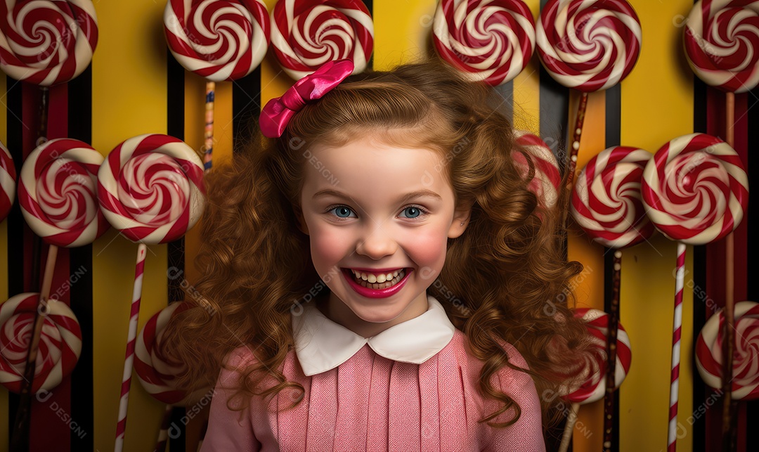 Crianças felizes entre doces, balas, biscoitos, chocolates, pirulitos, com energia e sorriso