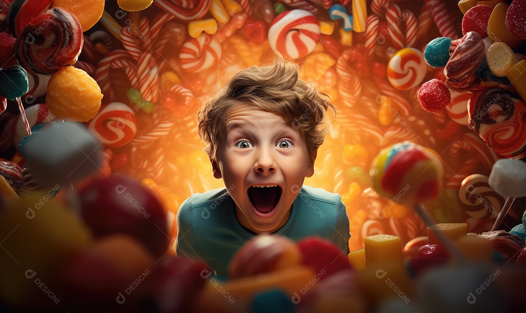 Crianças felizes entre doces, balas, biscoitos, chocolates, pirulitos, com energia e sorriso