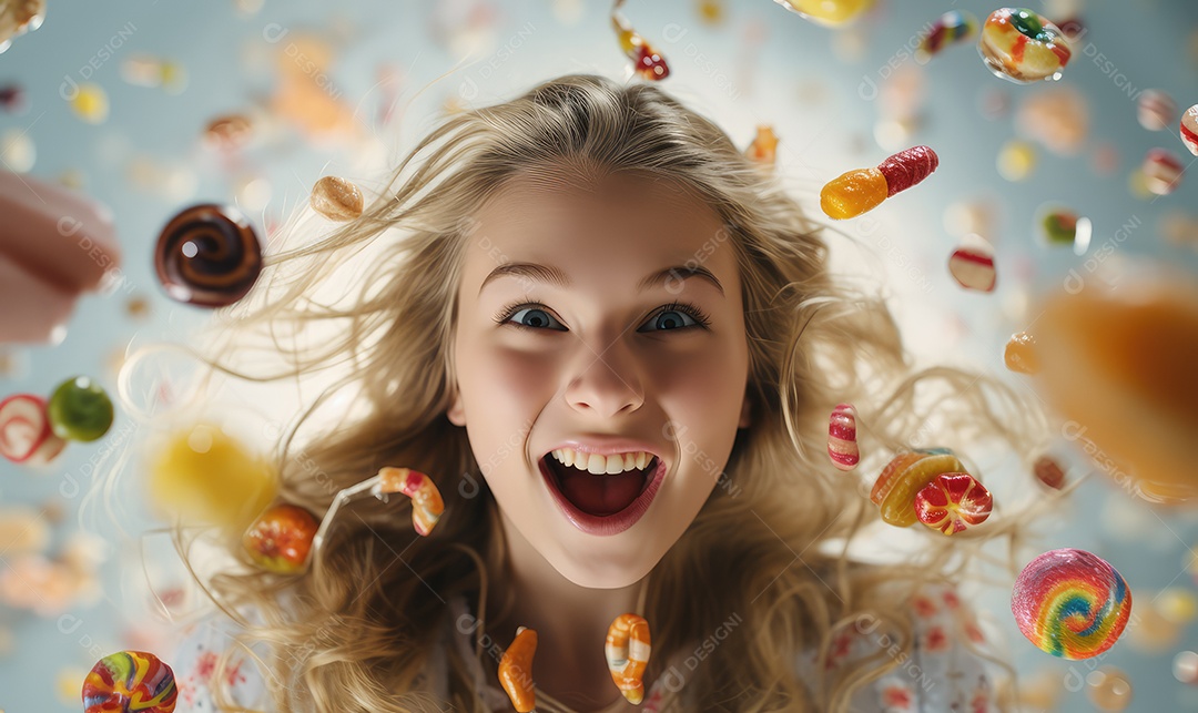 Crianças felizes entre doces, balas, biscoitos, chocolates, pirulitos, com energia e sorriso