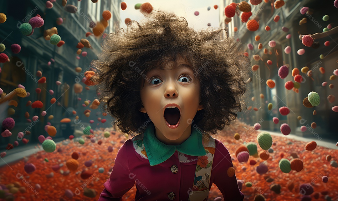 Crianças felizes entre doces, balas, biscoitos, chocolates, pirulitos, com energia e sorriso