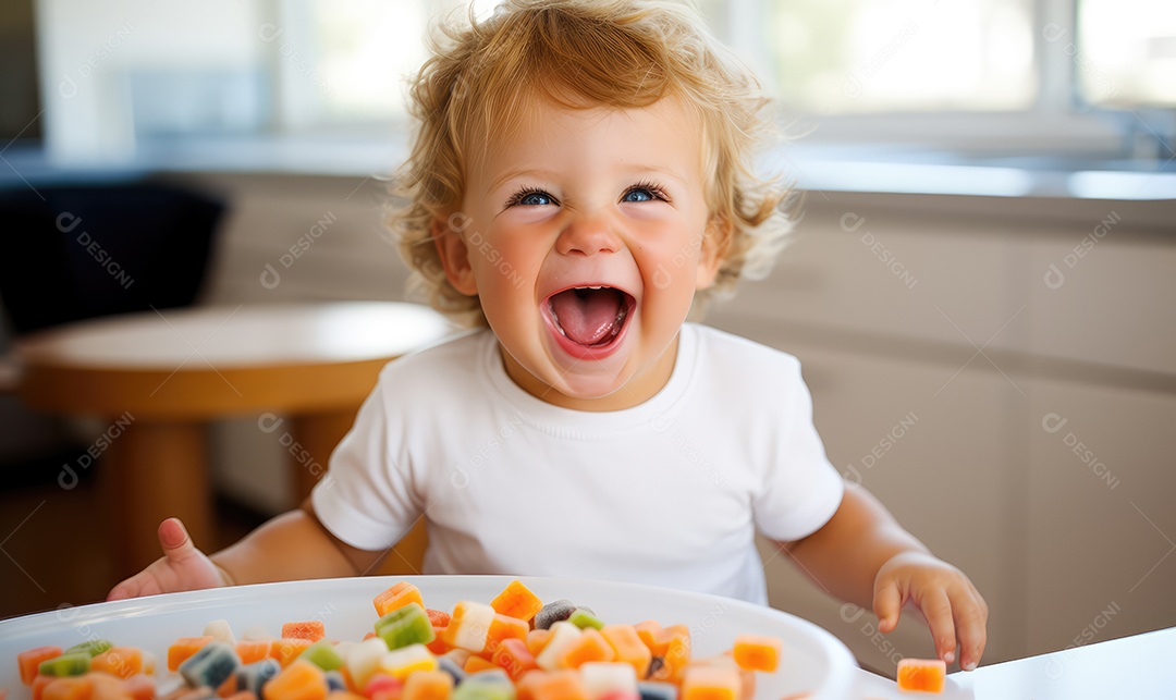 Criança sorrindo alegremente segurando um pote cheio de doces coloridos