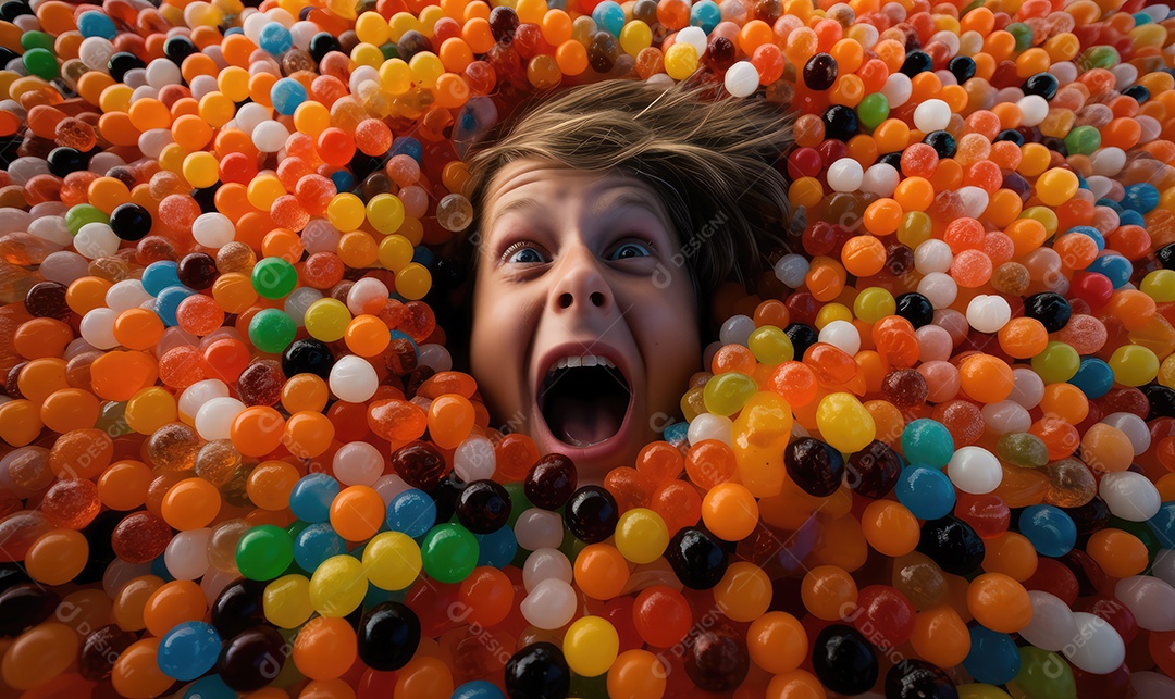 Homem sorrindo feliz e engraçado dentro de uma piscina cheia de doces coloridos