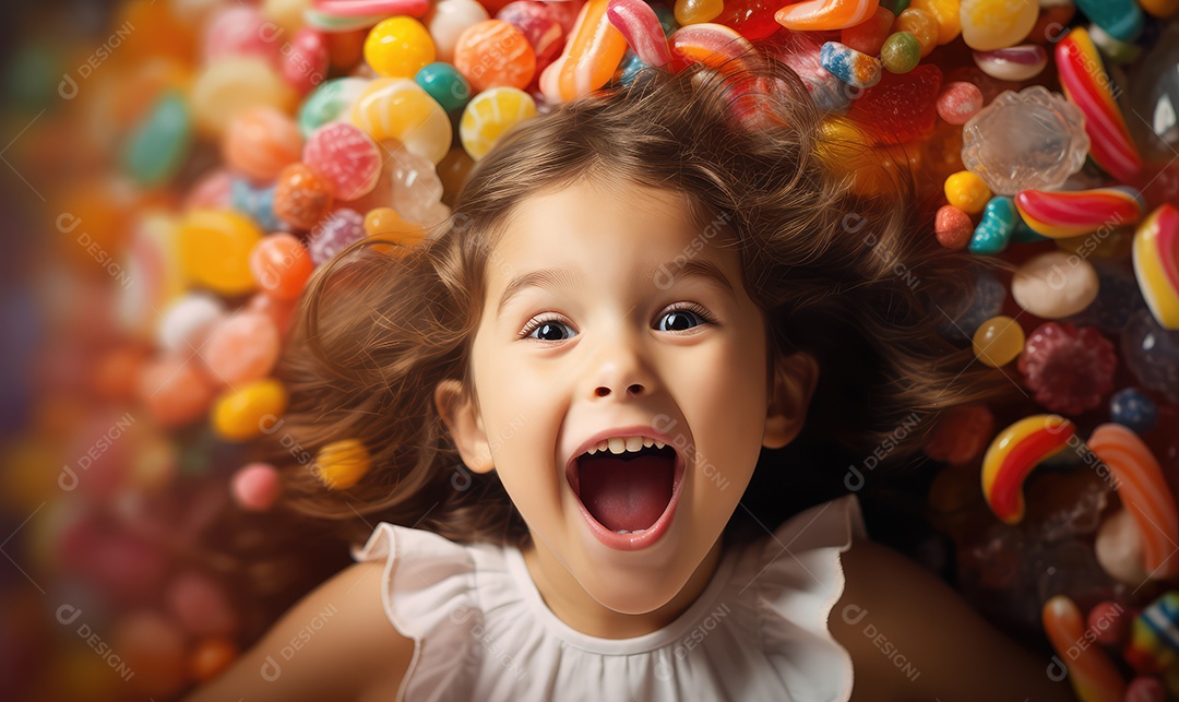 Crianças felizes entre doces, balas, biscoitos, chocolates, pirulitos, com energia e sorriso