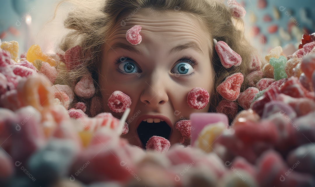 Crianças felizes entre doces, balas, biscoitos, chocolates, pirulitos, com energia e sorriso