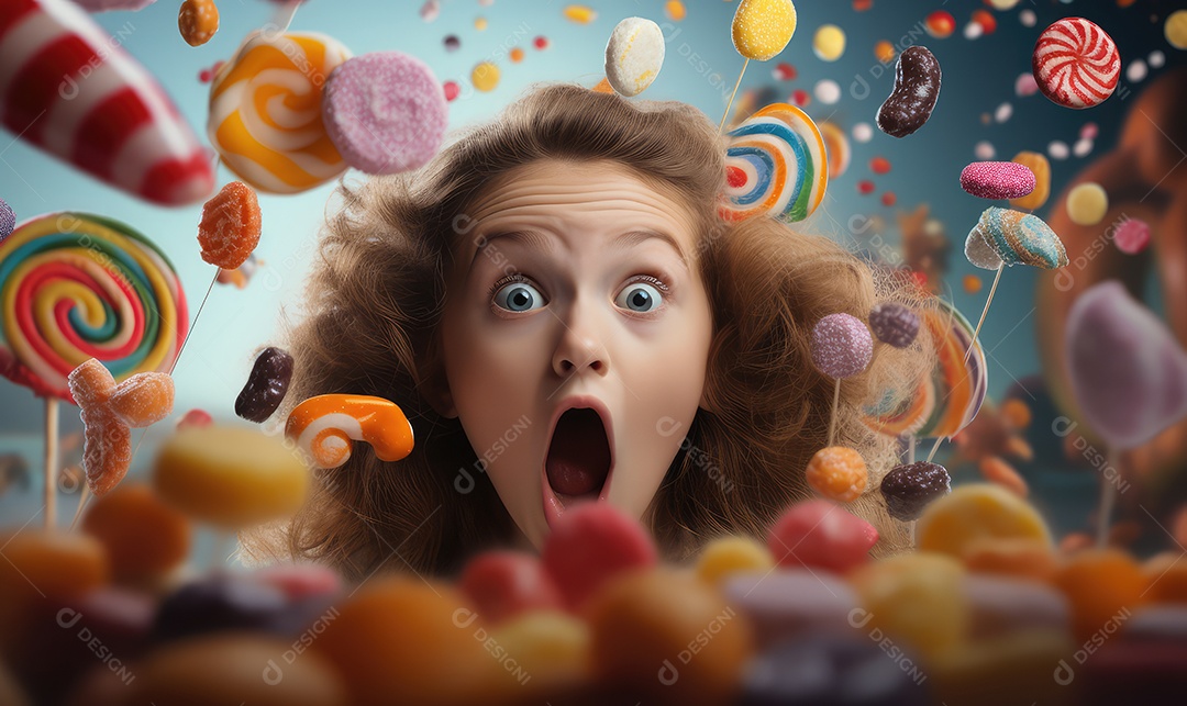 Crianças felizes entre doces, balas, biscoitos, chocolates, pirulitos, com energia e sorriso