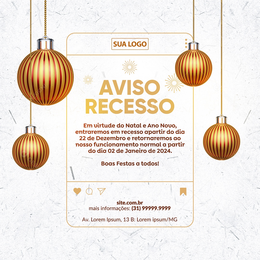 Social Media Feed Aviso Recesso Natal e Ano Novo PSD Editável