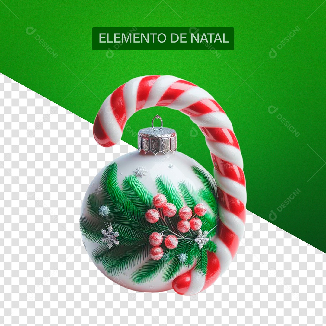 Elemento 3D Enfeite de Natal Bastão Doce Vermelho e Branco e Bola Natalina para Composição PSD