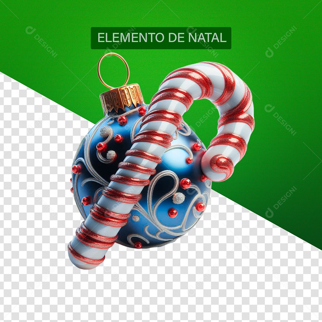 Enfeite de Natal Bastão Doce e Bola Natalina Elemento 3D Vermelho e Branco para Composição PSD