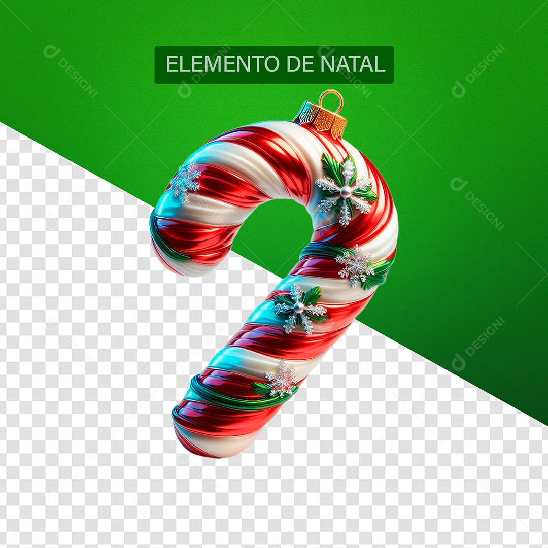 Enfeite de Natal Bastão Doce Elemento 3D Vermelho e Branco para Composição PSD