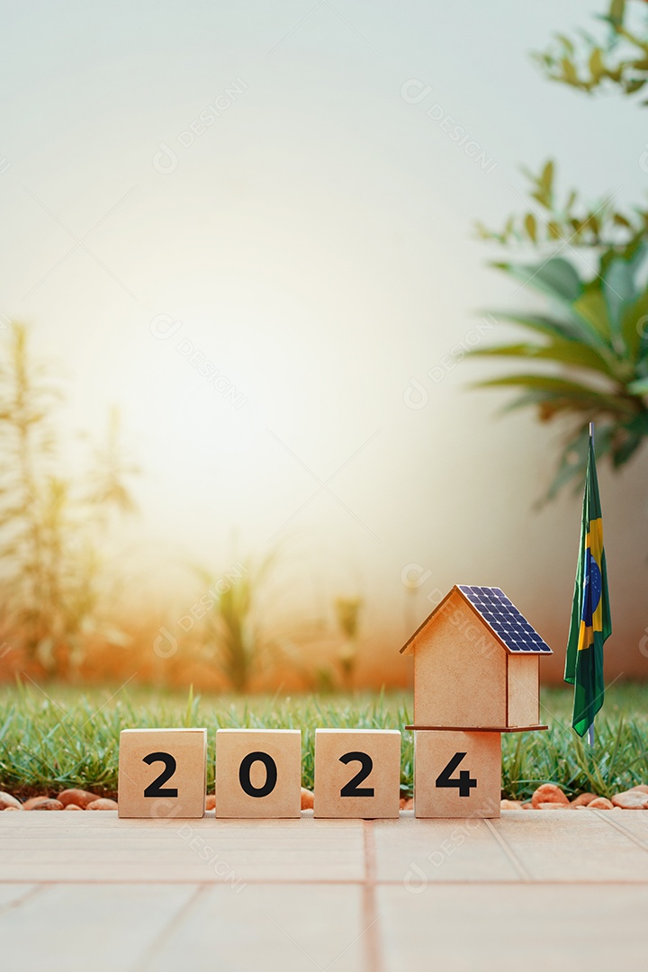 Blocos de Ano Novo de 2024 e casa de painel solar no Day Garden