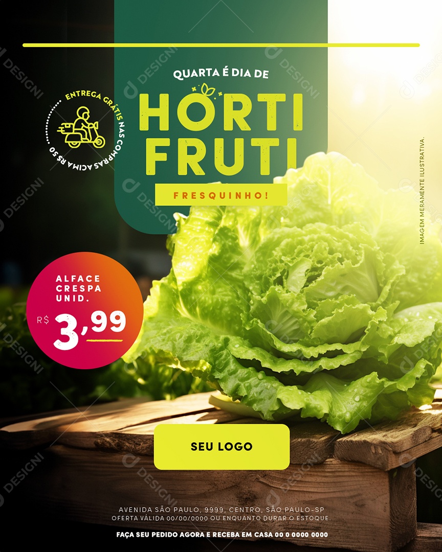 Supermercado Alface Crespa Quarta é Dia de Hortifruti Fresquinho Social Media PSD Editável