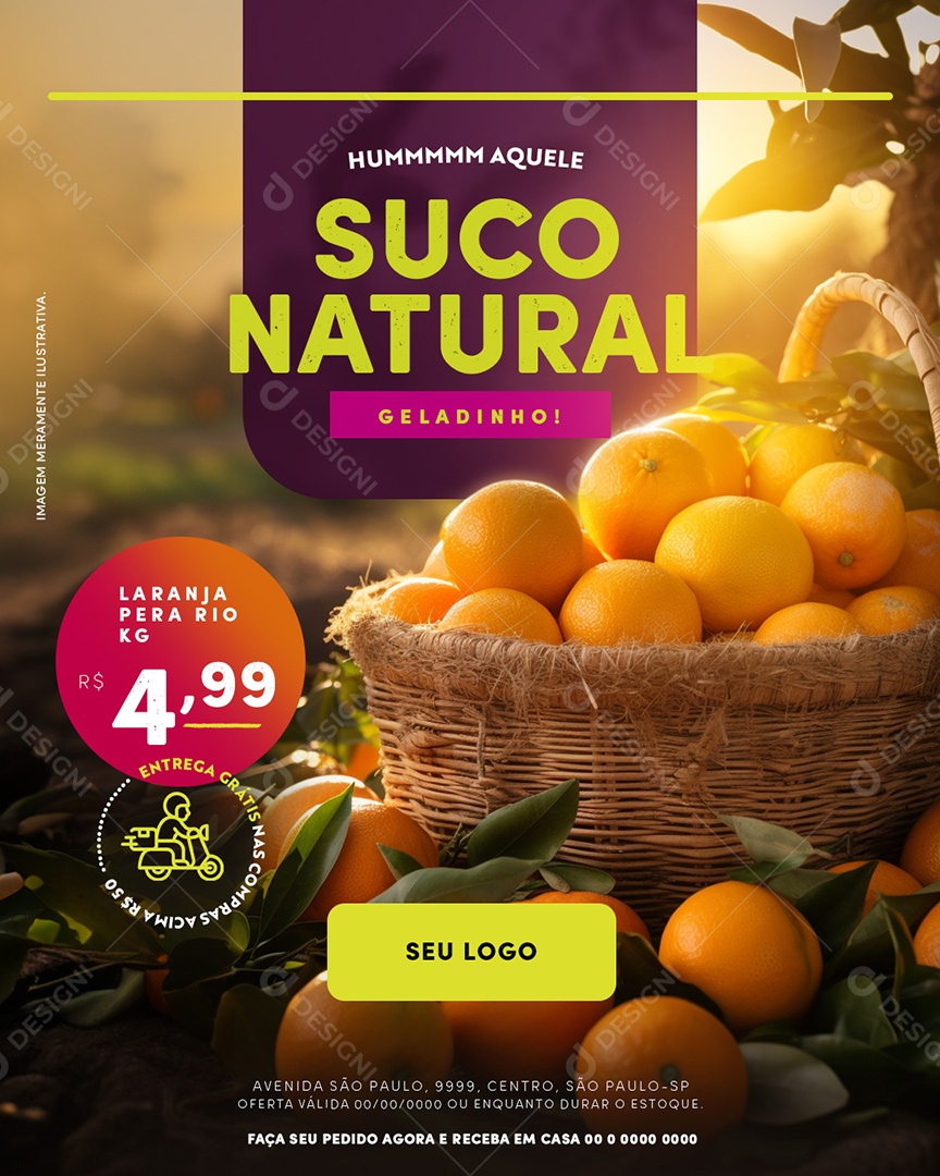 Hortifruti Suco Natural Geladinho Laranja Pera Rio Social Media PSD Editável