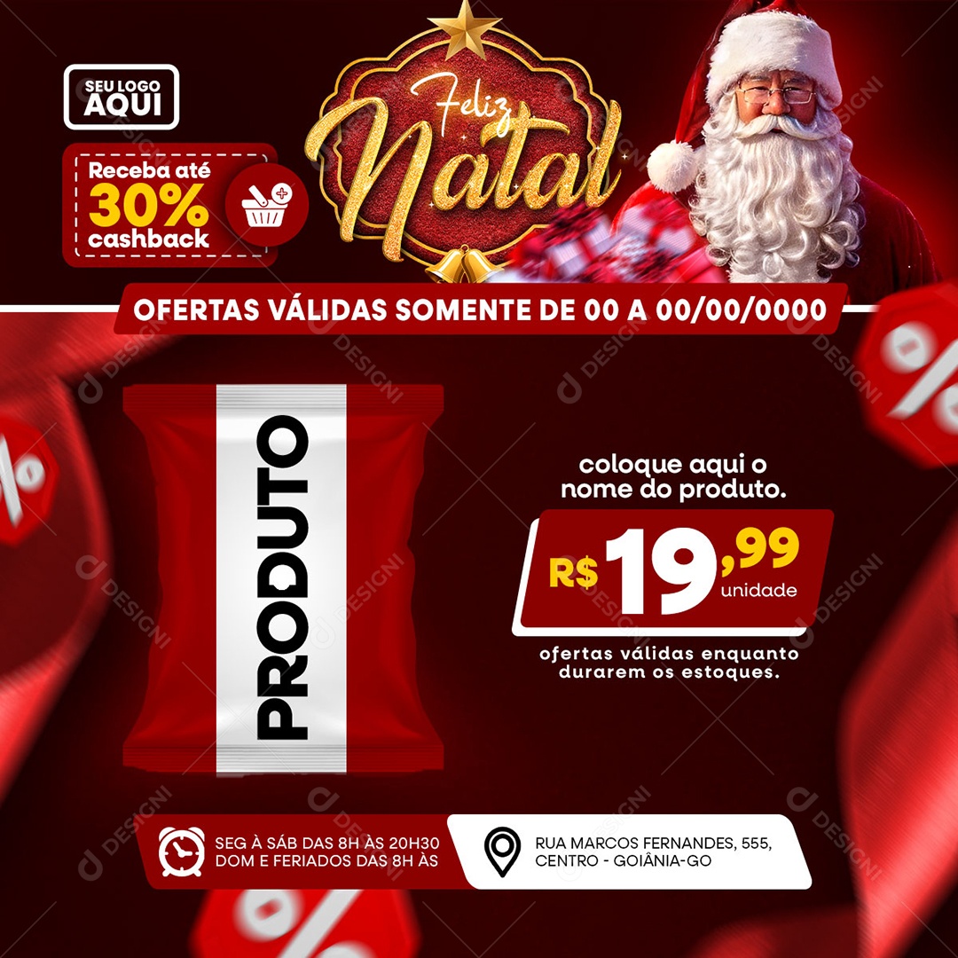 Supermercado Produto Ofertas Receba Até 30% Cashback Feliz Natal Social Media PSD Editável