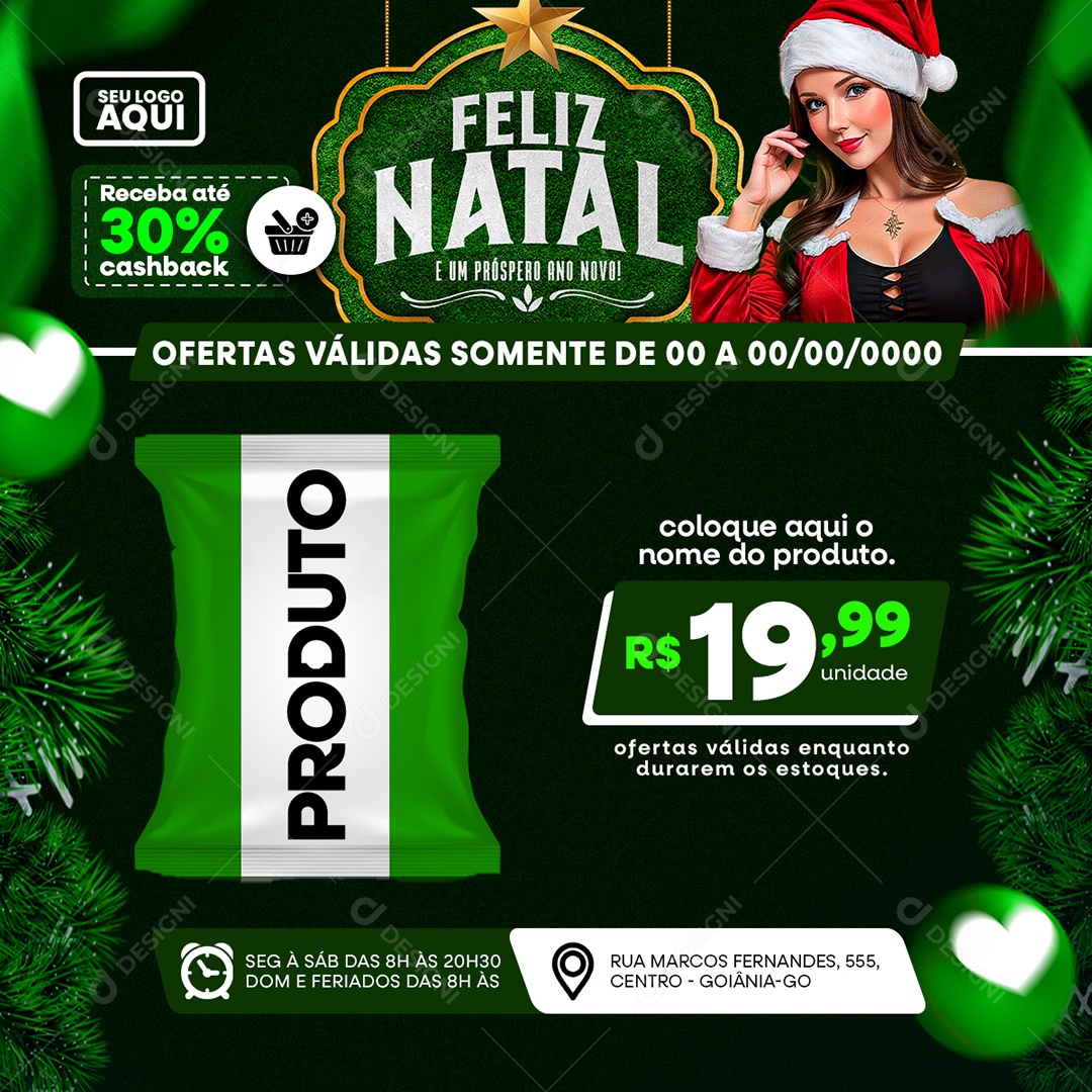 Social Media Supermercado Produto Receba Até 30% Cashback Feliz Natal PSD Editável