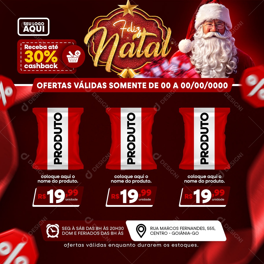 Social Media Supermercado Produto Ofertas Receba Até 30% Cashback Feliz Natal PSD Editável