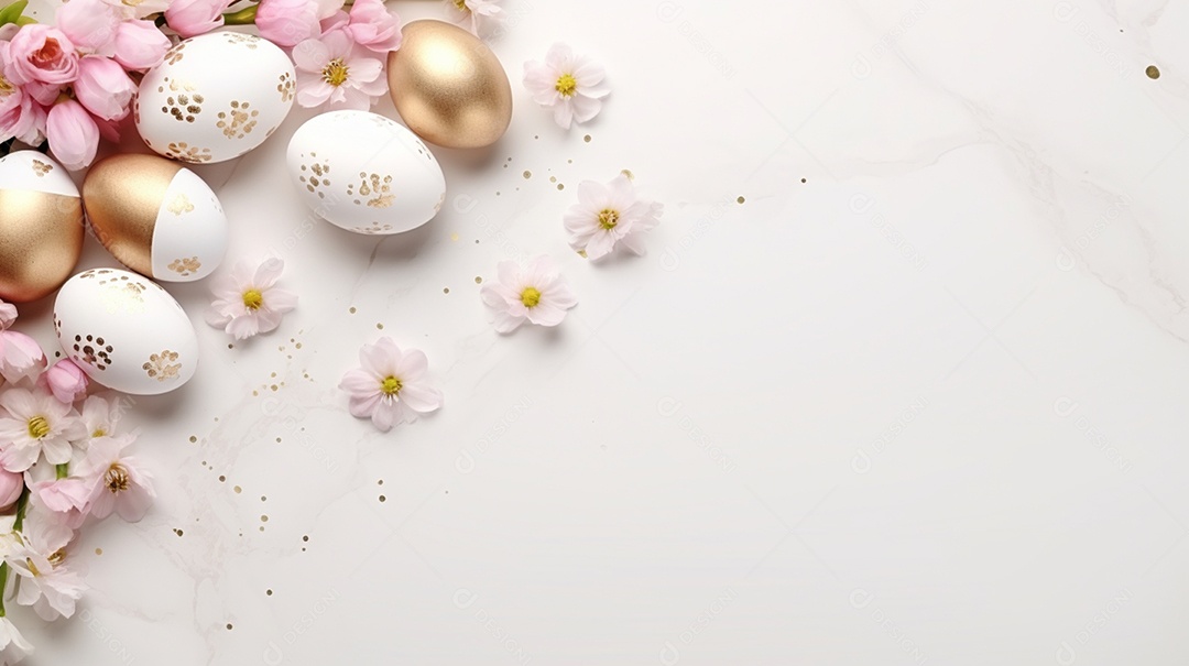 Ovos de páscoa branco e dourado com florzinhas