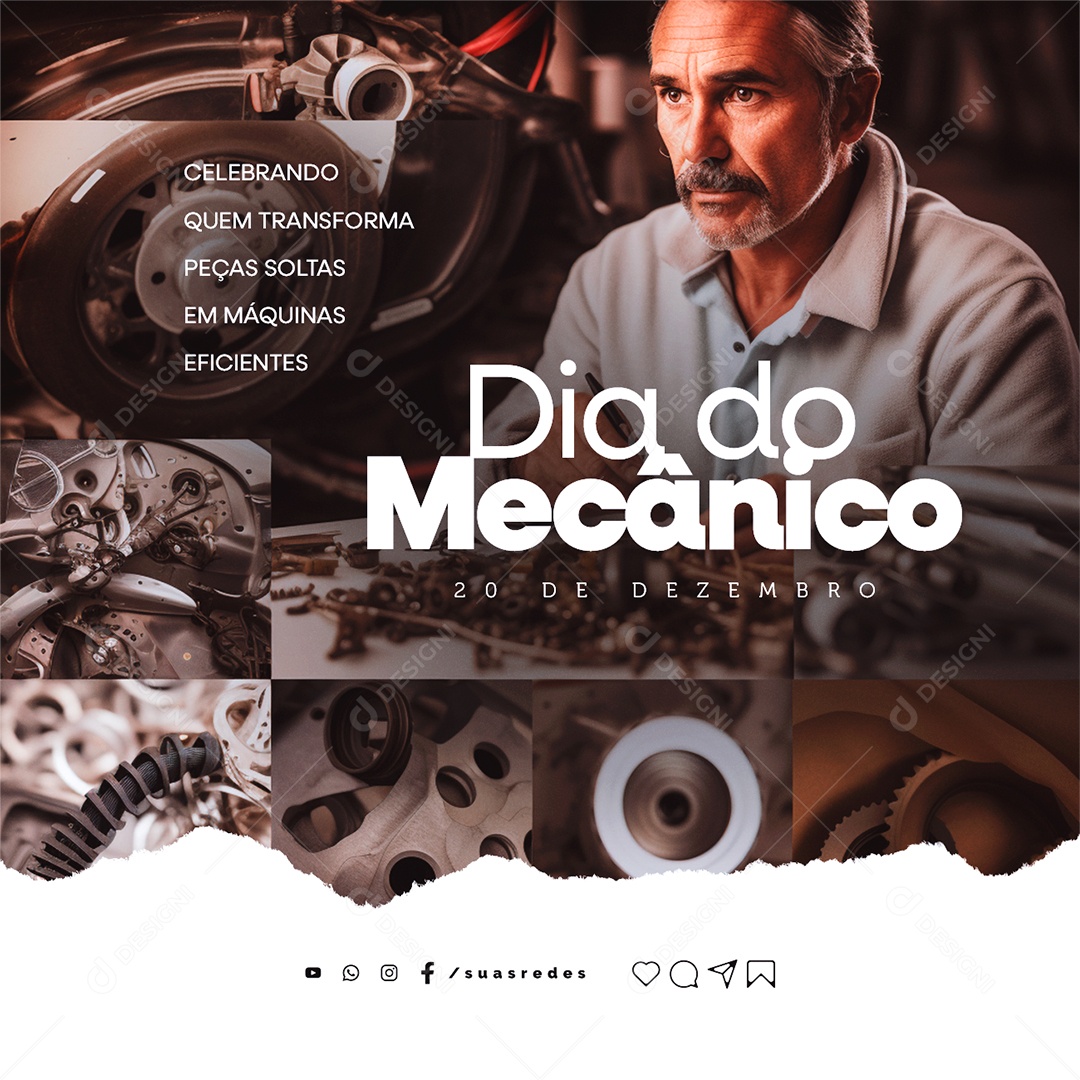Social Media Dia do Mecânico Celebrando Quem Transforma Peças Soltas em Máquinas Eficientes PSD Editável