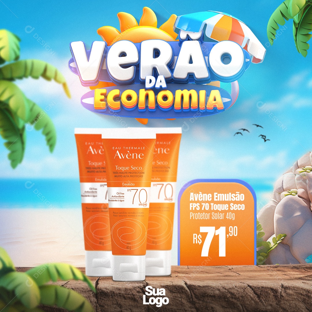 Verão Da Economia Avène Emulsão FPS 70 Toque Seco Farmácia Social Media PSD Editável