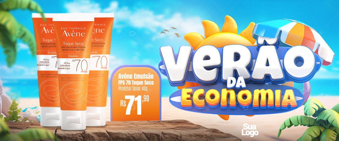 Banner Verão Da Economia Avène Emulsão FPS 70 Toque Seco Farmácia Social Media PSD Editável