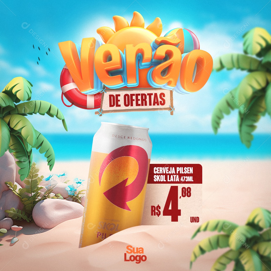 Verão De Ofertas Distribuidora de Bebidas Cerveja Pilsen Skol Lata Social Media PSD Editável