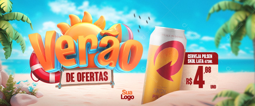 Banner Verão De Ofertas Distribuidora de Bebidas Cerveja Pilsen Skol Lata Social Media PSD Editável